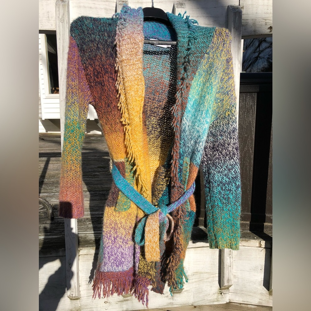Anthropologie Greylin Natalia Belted Fringed Cardigan Sweater size small